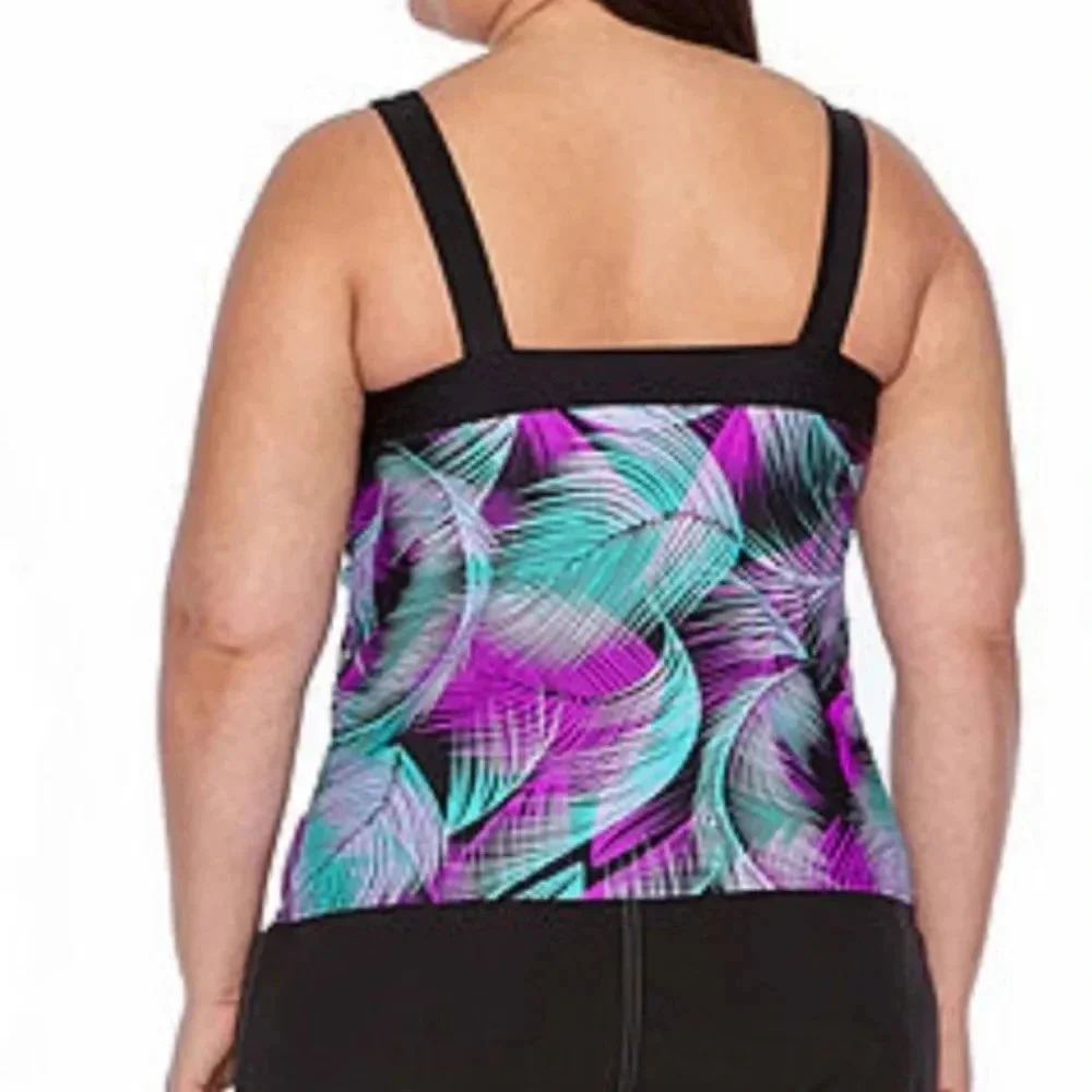 NWT Zeroxposur Plus Size Tankini Swim Top Size 2X 20W Purple Teal Feather - Picture 2 of 11